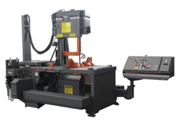V100HLM-3 VERTICAL BAND SAW, HYDRUALIC MACHINE, 18" HORIZONTAL X 22" VERTICAL @ 90 DEGREES, 18" HORIZONTAL X 15" VERTICAL @ 45 DEGREES(LEFT MITER), 18" HORIZONTAL X 14" VERTICAL @ 45 DEGREES(RIGHT MITER), 5HP DRIVE MOTOR, 2HP HYDRAULIC SYSTEM, FULL STROKE VISE, POWERED TILT WITH LED READOUT, POWERED BLADE TENSION, LED BLADE SPEED, POWERED GUIDE ARM, ADJUSTABLE CLAMPING PRESSURE,FEED RATE & CUTTING PRESSURE, FLOOD COOLANT SYSTEM, 1-1/4" X 15'0" X .042 BLADE
